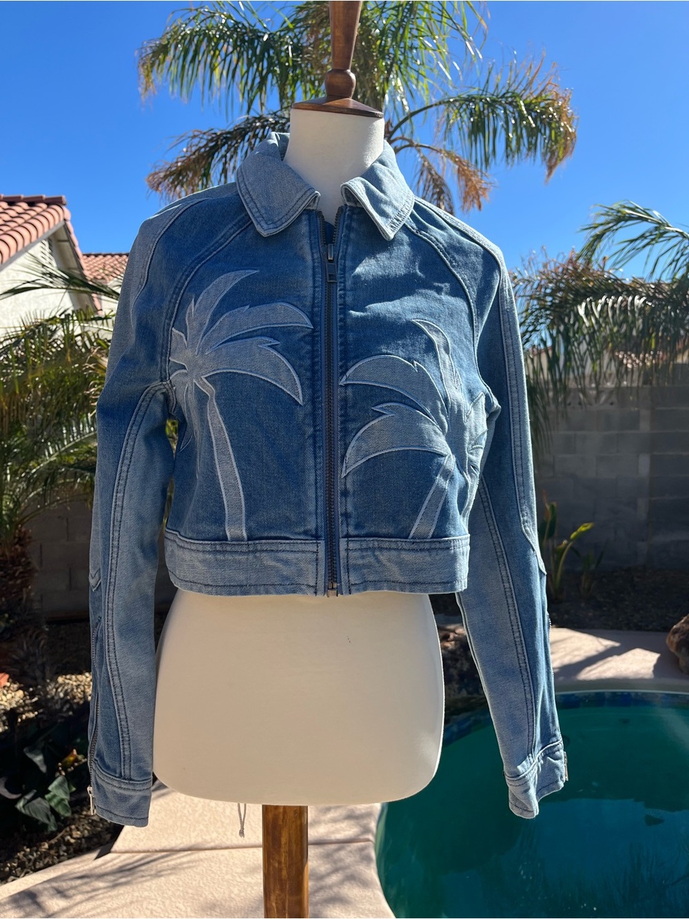 Nasty Gal Light Blue Palm Patch Cropped Denim Jacket